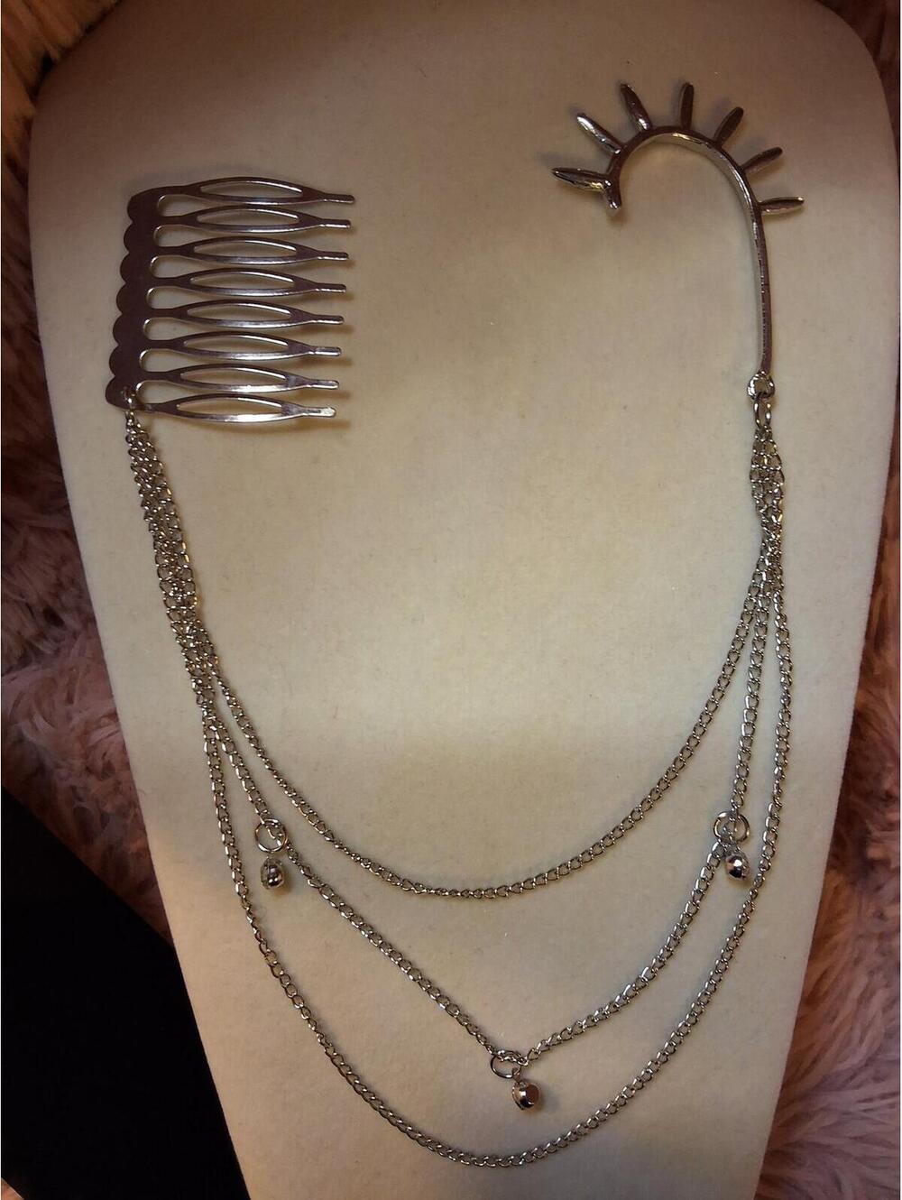 SILVER TONE EAR CUFF AND HAIR COMB WITH CHAIN